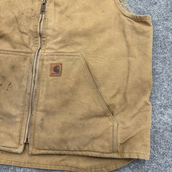 Carhartt Canvas Duck Vest Men Large Full Zip Sherpa Lined Distress Brown V26 CML - Picture 5 of 13